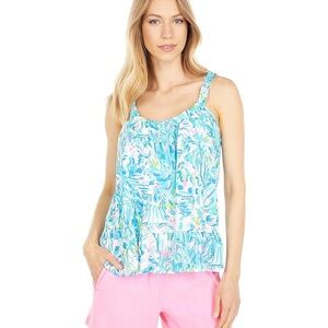 Lilly Pulitzer Loro Floral Top Blue Ibiza Cabana Cocktail, Women’s Large